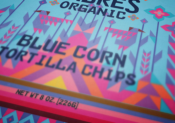 blue corn tortilla chips bag design