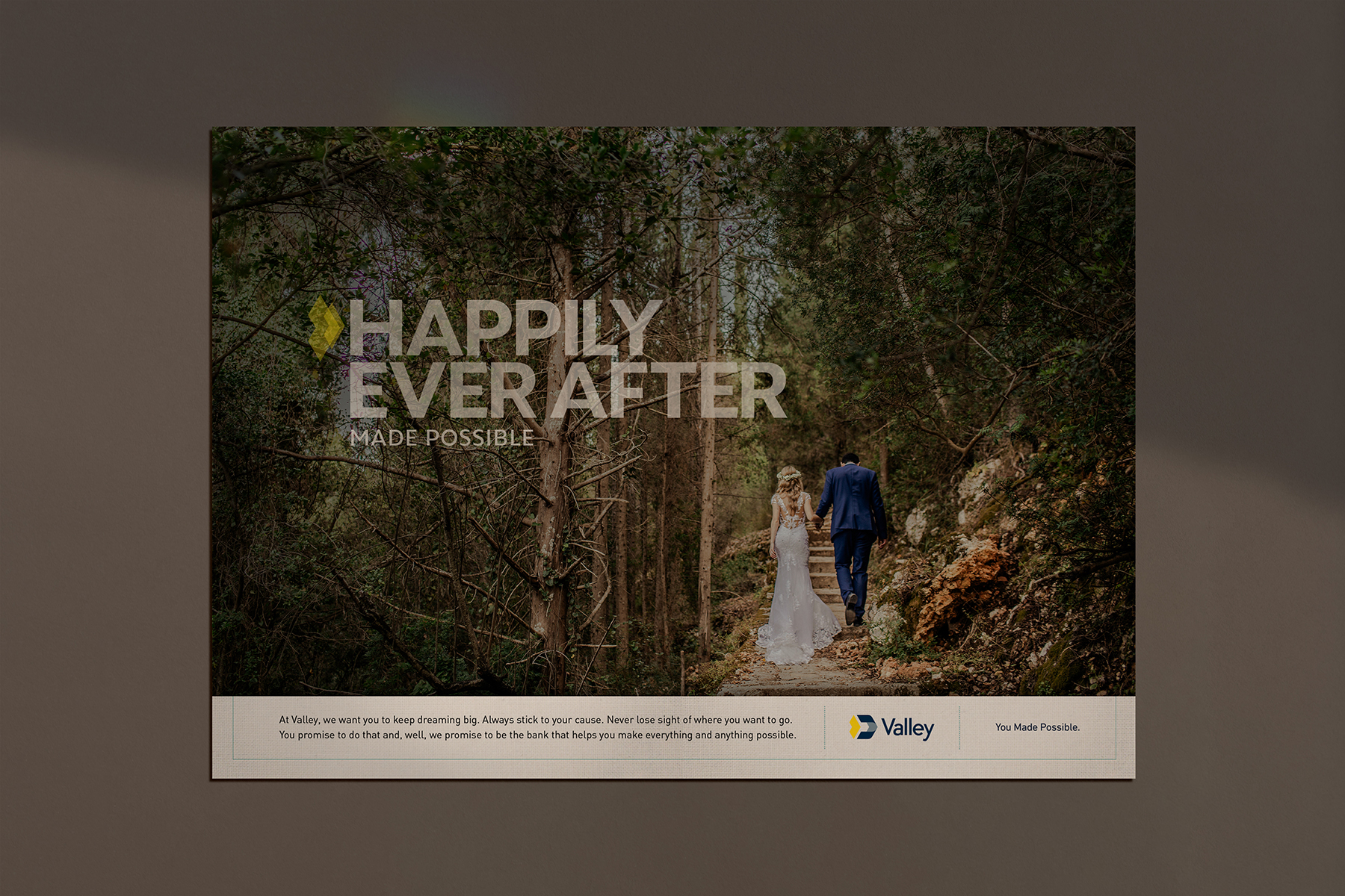 valley bank happily ever after couple walking into forest