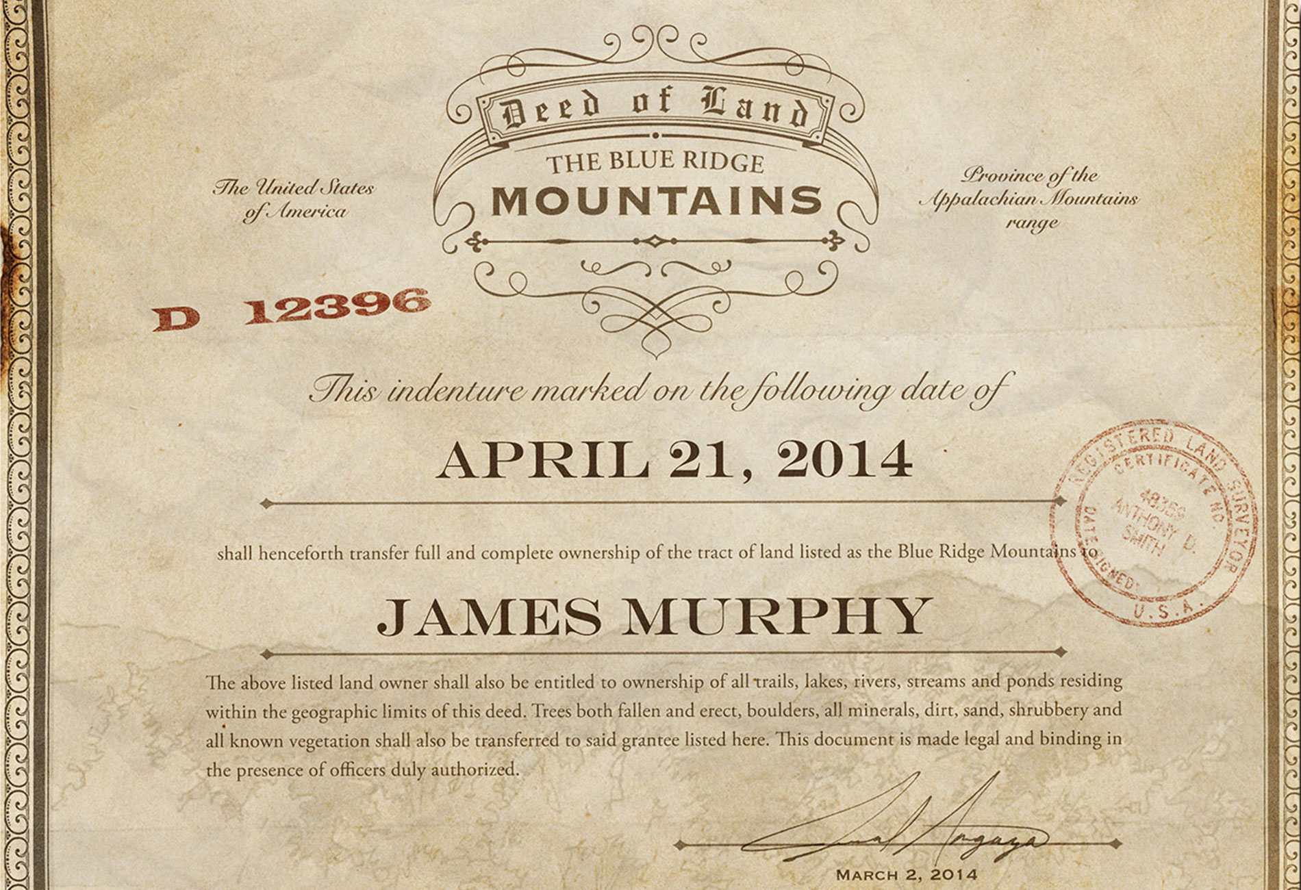 certificate of deed of land for the blue ridge mountains to James Murphy