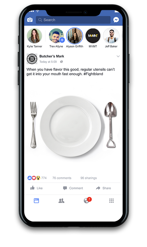 Butcher's Mark Facebook mockup table set up with shovel instead of spoon