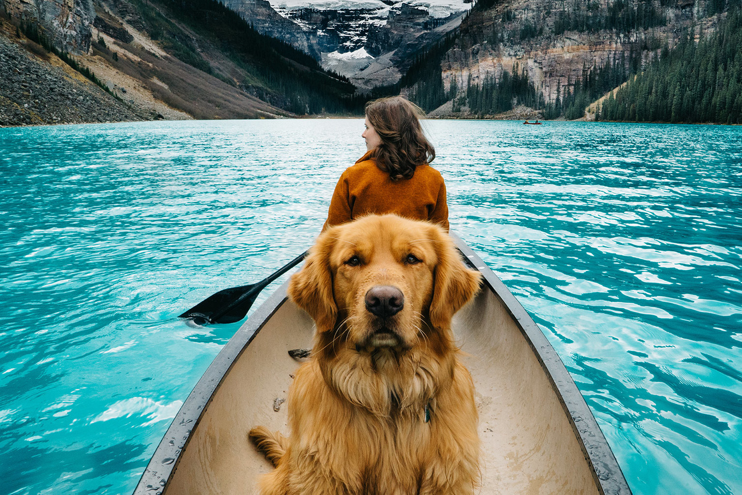 woman canoeing in mountains with dog looking angrily into camera
