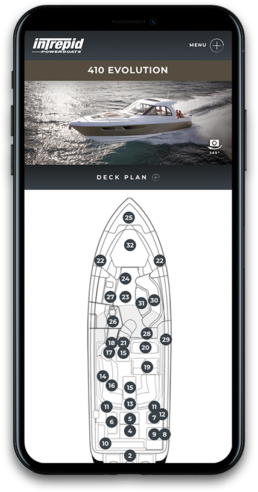 intrepid powerboat mobile website mockup 410 evolution with deck plan