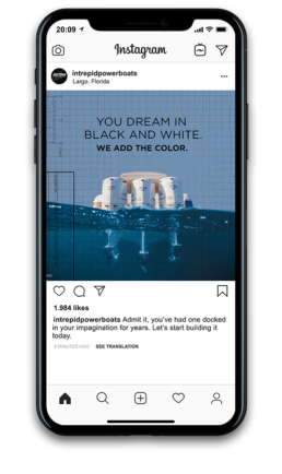 Intrepid Powerboats instagram mockup dream in black and white, we add the color