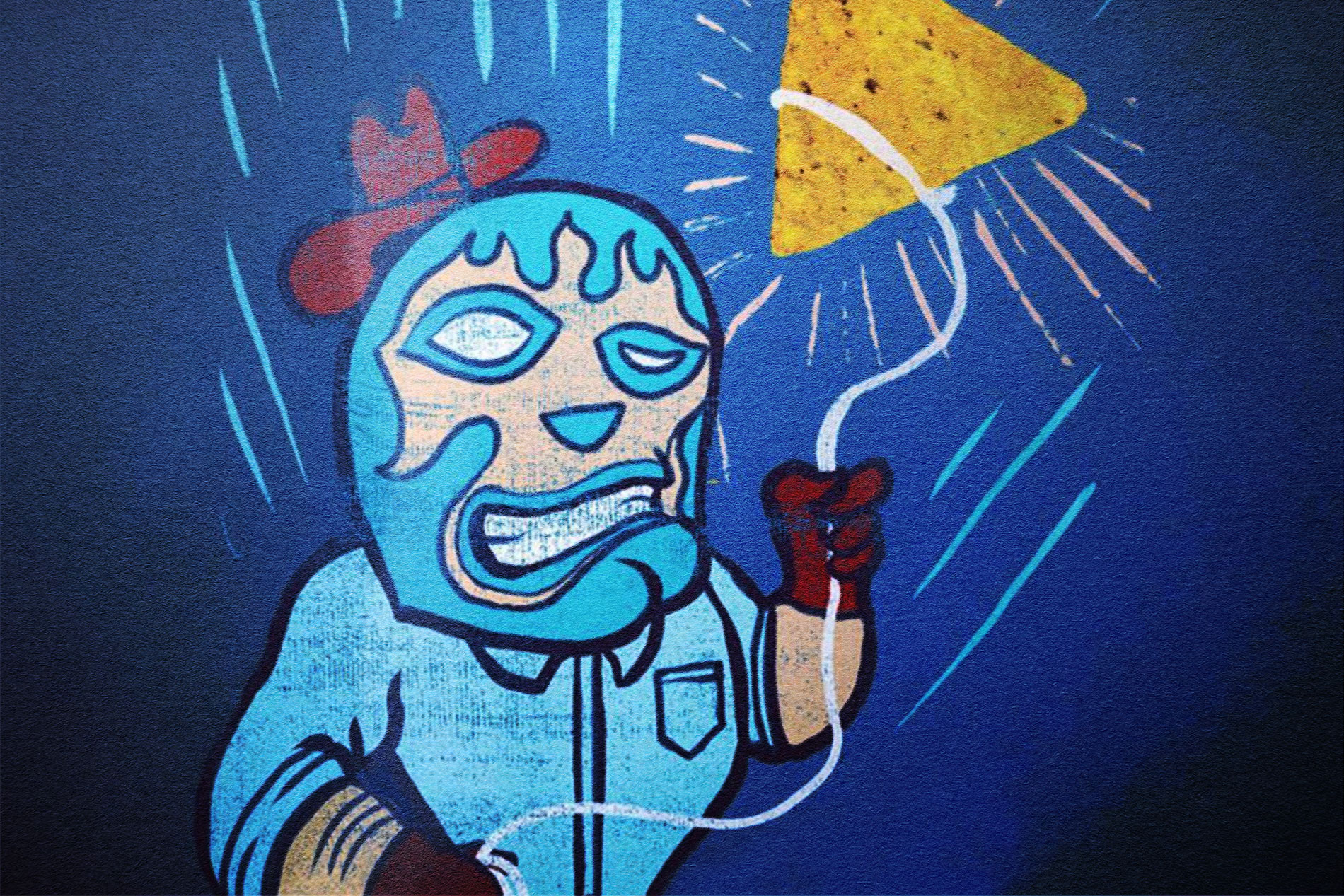 cartoon wrestler lassoing tortilla chip