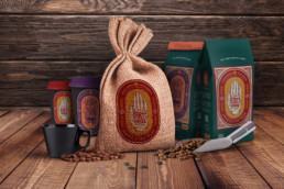 scarlet begonia mockup burlap sack of coffee next to packages of coffee with scoop of beans