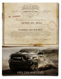 Dodge ad featuring deed of land to James Murphy over a photo of new dodge truck