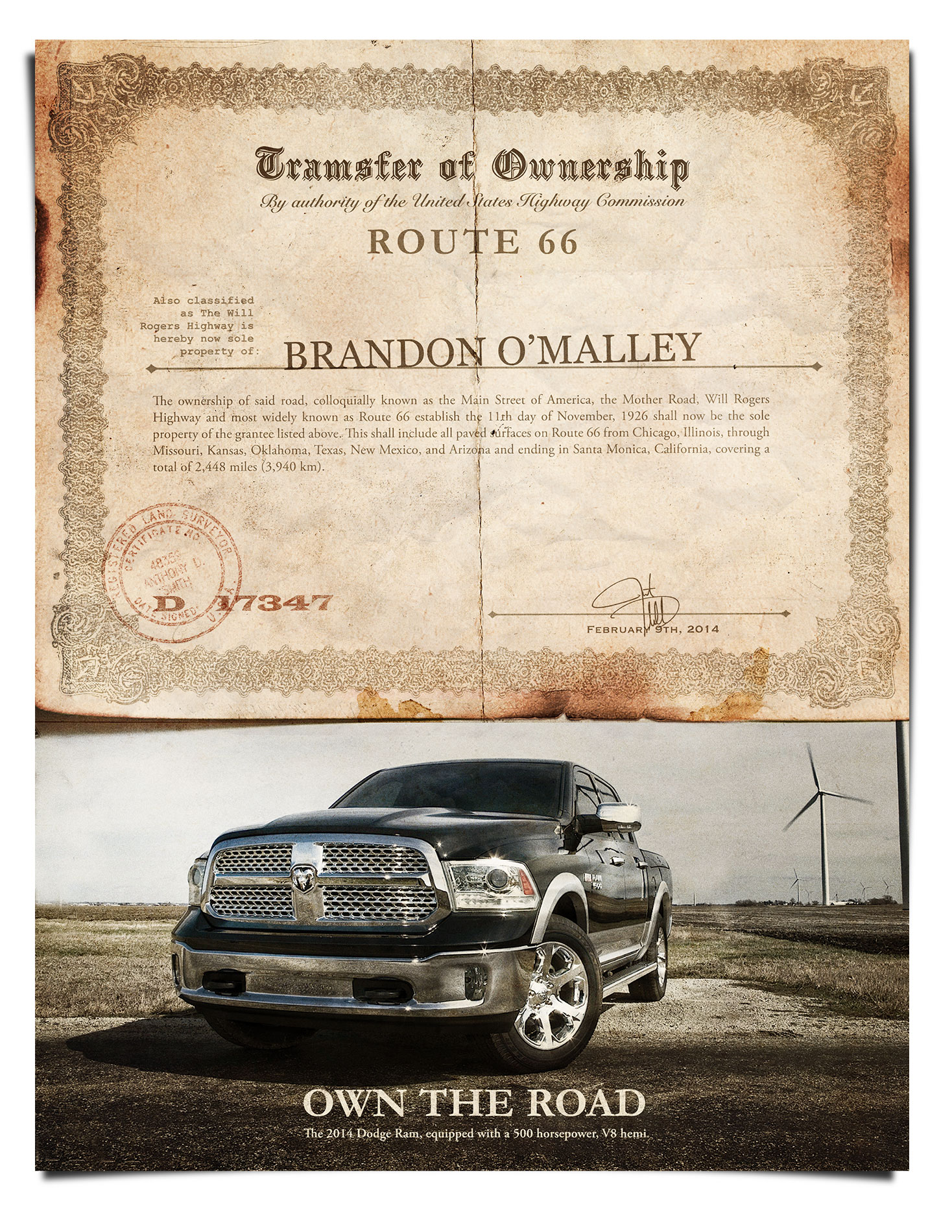 Dodge ad featuring deed of land to Brandon O'Malley over a photo of new dodge truck