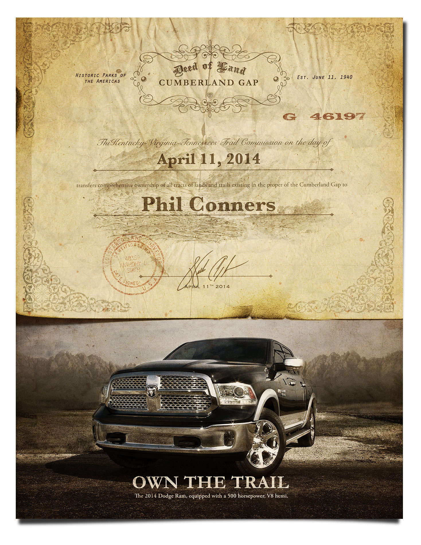 Dodge ad featuring deed of land to Phil conners over a photo of new dodge truck